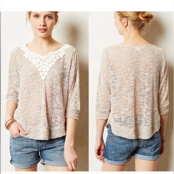Anthropologie | Meadow Rue Taupe and Cream Lace Detail Sweater Size Small - Picture 9 of 11